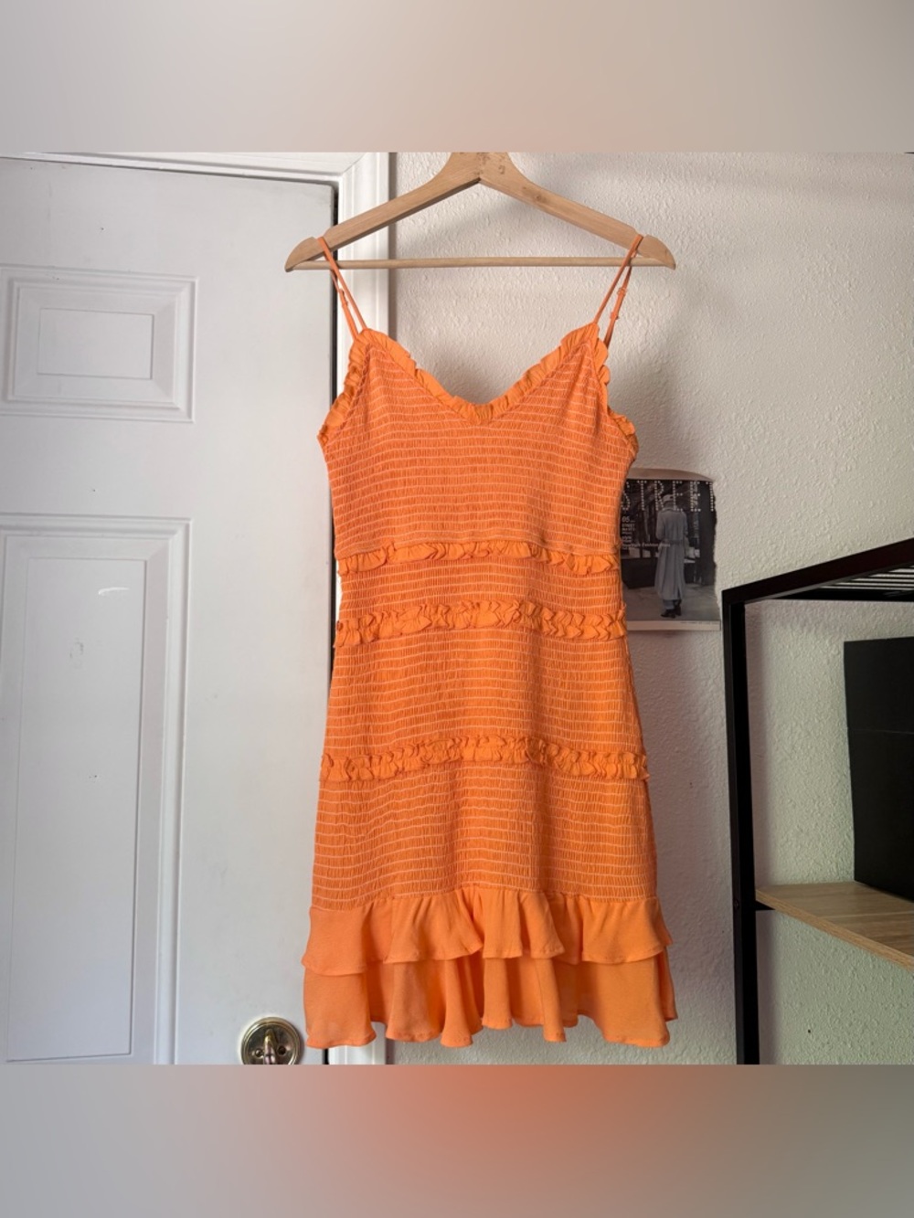 KARLIE orange smocked rayon ruffle tiered sleeveless mini dress